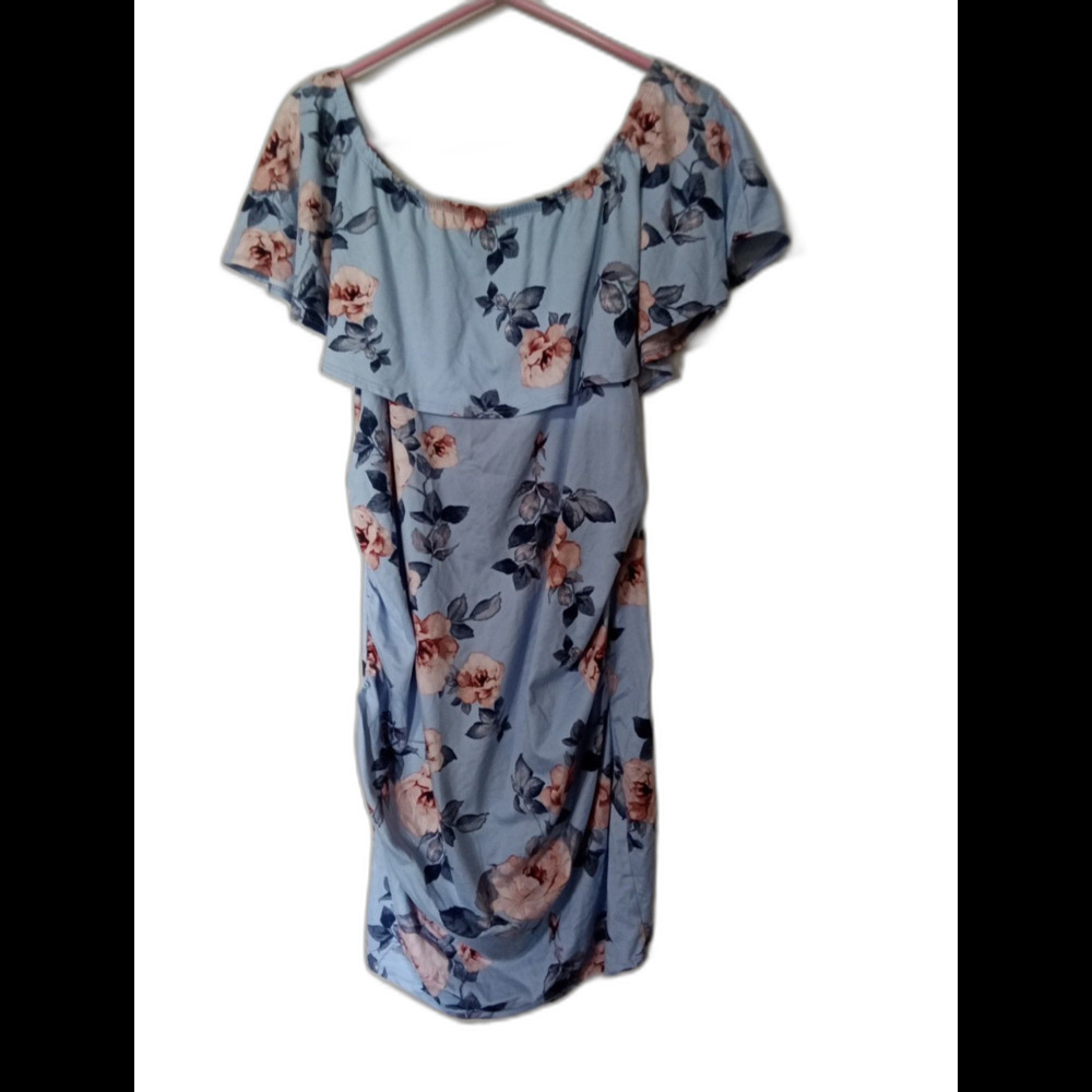 Hello Miz Navy Blue Floral Ruched Cold Shoulder Midi Dress Women's XL
